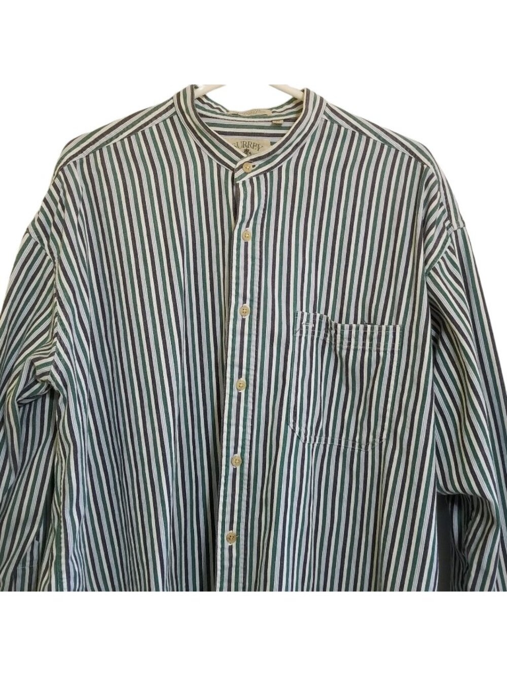Vintage Surrey Shirt Mens Size 17 Button Grandad Collar Stripe Long Sleeve Heavy